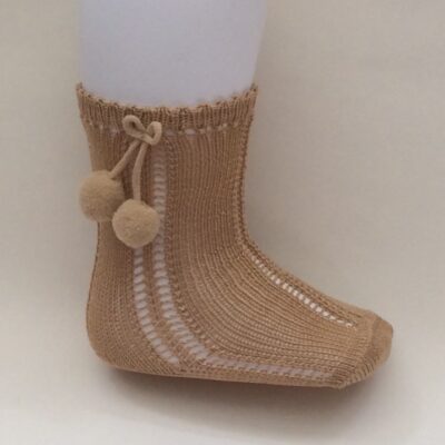 Carlomagno Open Work Pom Pom Socks, Camel